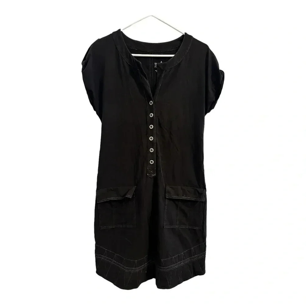 Neon Buddha Black Tunic Dress Decorate Buttons White Stitching / Size S